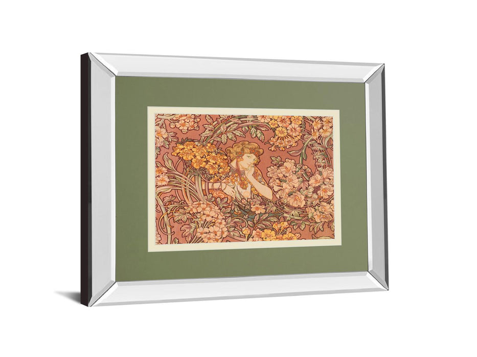 Redhead Among Flowers By Alphonse Mucha - Mirror Framed Print Wall Art - Pink