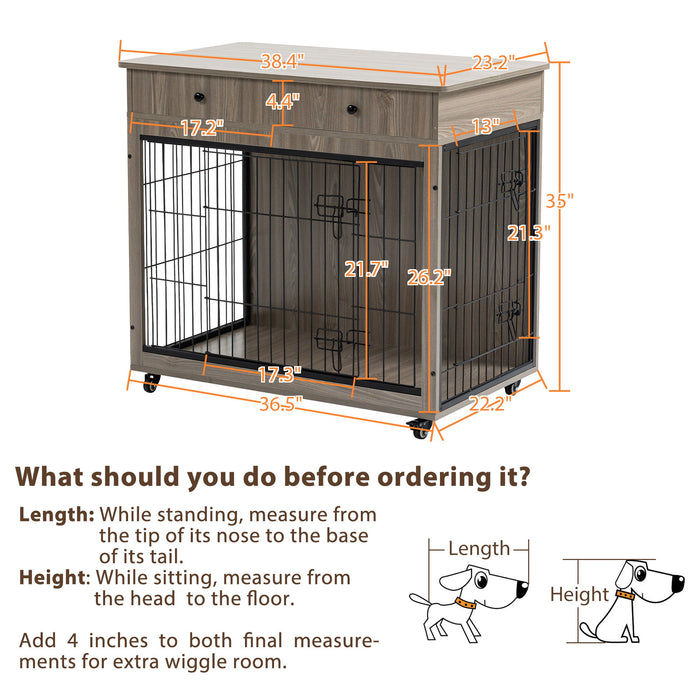 Dog Crate Furniture, Wooden Dog Crate End Table, 38.4" Dog Kennel With 2 Drawers Storage, Heavy Duty Dog Crate, Decorative Pet Crate Dog Cage For Large Indoor Use