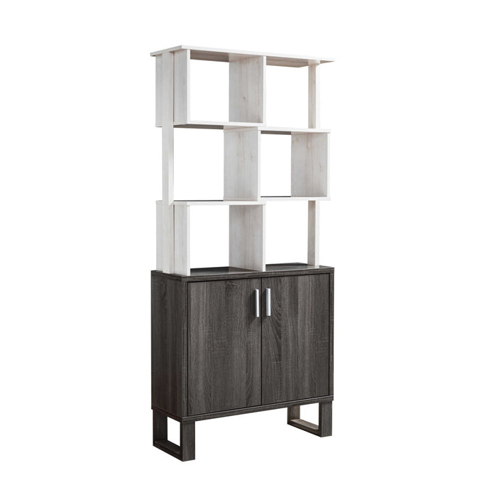 Multi-Level Display Cabinet, Two Door Storage Cabinet With Shelving - White Oak & Distressed Grey