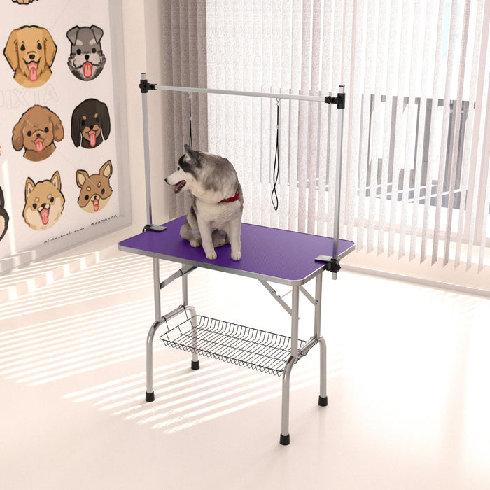 Folding Dog Pet Grooming Table Stainless Steel Frame Rubber Mat On Board With Adjustable Arm And Clamps Pet Dog Cat Grooming Table - Purple