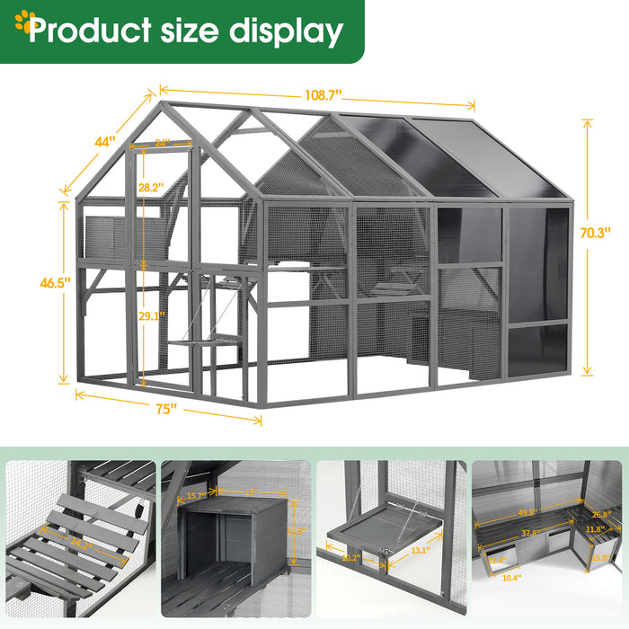 Luxury Cat Cage Outdoor Wooden Catio Enclosure Patio Large Cat Run House For Multiple Pets Walk In Kitten Kennel With Bouncy Bridge, Platforms, Small Houses, Seating And Sunshine Panel - Gray