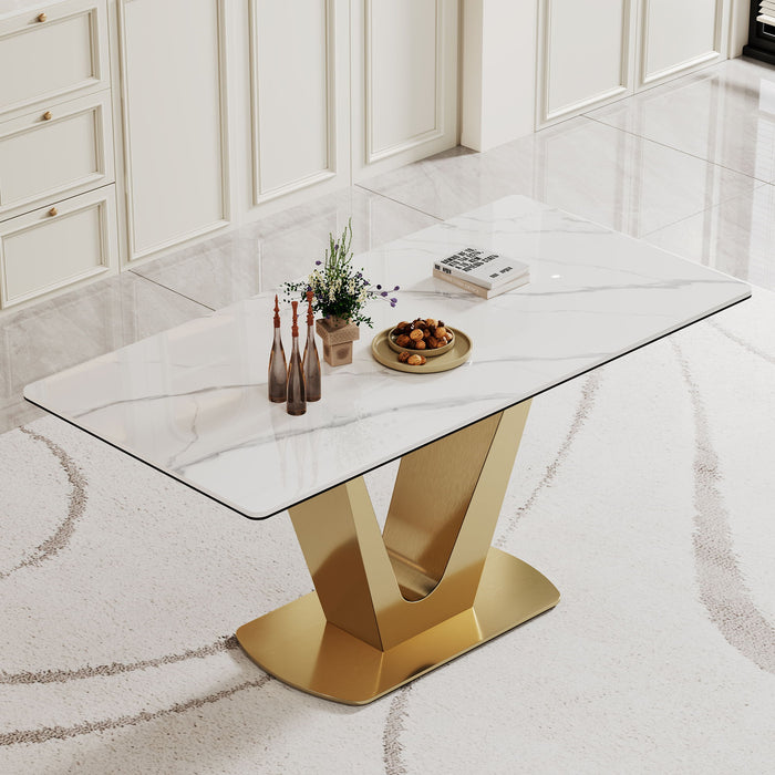 Sintered Stone Composite Tempered Glass Top Dining Table With V-Shape Stainless Steel Base - Gold