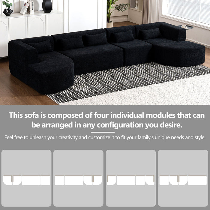 Upholstered Sofa Free Combined Sofa Couch With Two Chaise Lounge And Five Back Pillows For Living Room - Black