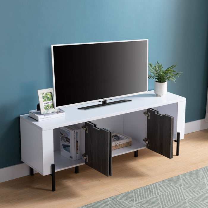 60" Two-Toned TV Stand With Four Cabinet Doors, Storage Cabinet - White & Distressed Grey
