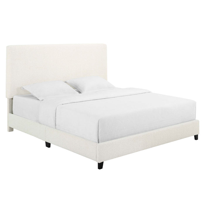 Queen Size White Boucle Upholstered Platform Bed - White