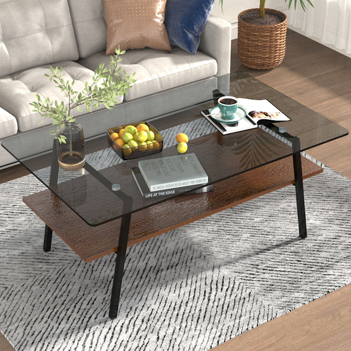 Rectangle Coffee Table, Tempered Glass Tabletop With Metal Legs, Modern Table For Living Room - Black Glass