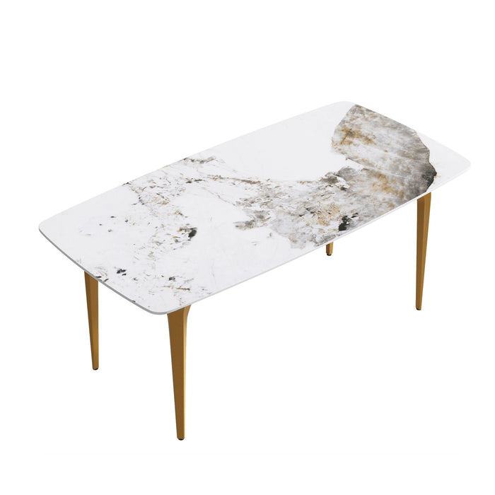 70.87" Modern Artificial Stone Pandora White Curved Golden Metal Leg Dining Table, Can Accommodate 6-8 People - Antique White