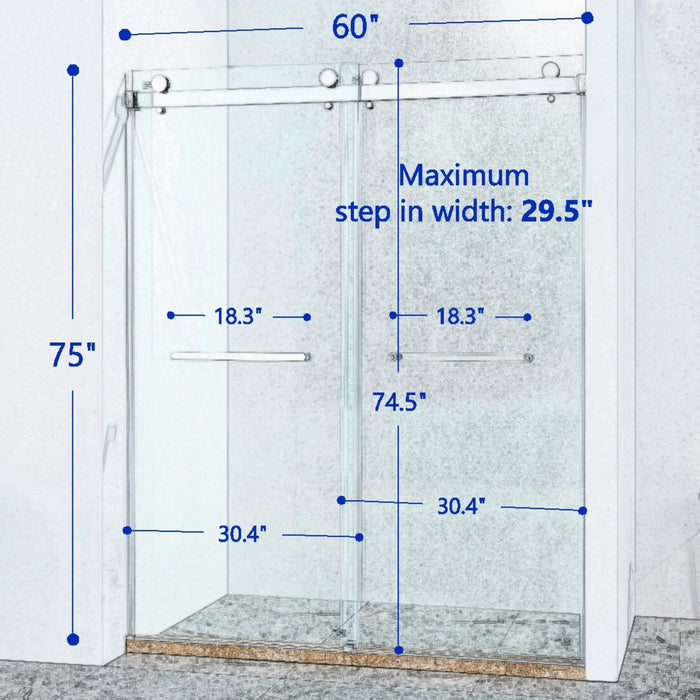 Frameless Double Sliding Shower Door, 304 Stainless Steel, 5 / 16" (8Mm) Thick Sgcc Tempered Clear Glass