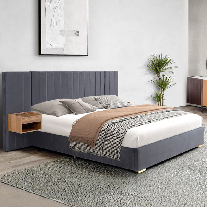 Upholstered Bed Frame Of Velvet Tufted Headboard With Floating Nightstand LED / USB Built