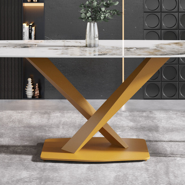 70.87" Modern Artificial Stone Pandora White Curved Golden Metal Leg Dining Table - Antique White / Gold