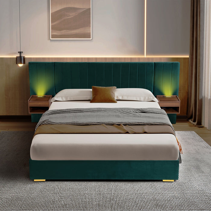 Upholstered Bed Frame Of Velvet Tufted Headboard With Floating Nightstand LED / USB Built