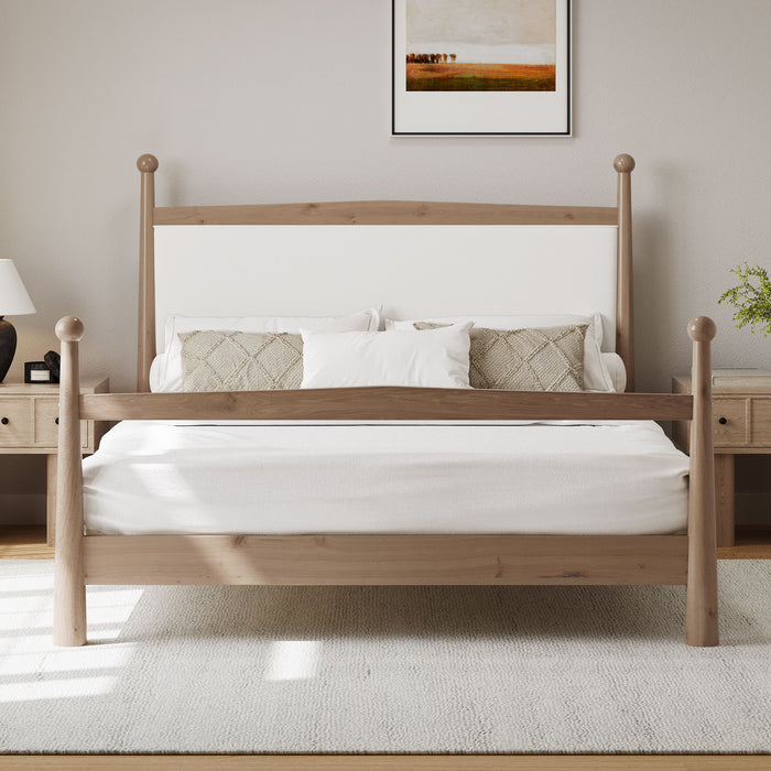 Mid-Century Modern Solid Pine Platform Bed With Upholstered Headboard, No Box Spring Needed