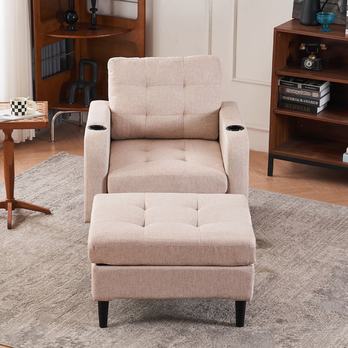 Beige Upholstered Armchair And Storage Ottoman Set, Comfortable Single Sofa With Cup Holders And Tufted Detailing, Ideal For Living Room Or Bedroom - Beige