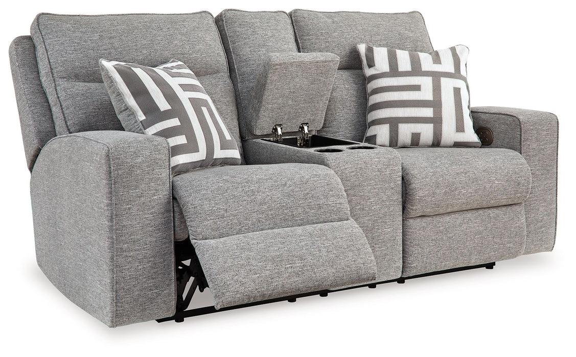 Biscoe - Pewter - Loveseat reclinável elétrico com console / encosto de cabeça ajustável