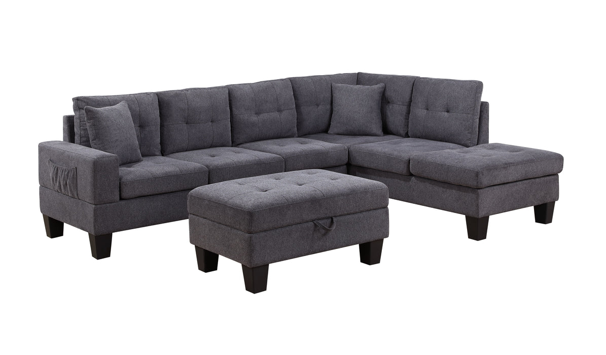 Briscoe - Wide Woven Fabric Reversible Sectional Sofa With Dropdown Table, Charging Ports, Cupholders, Storage Ottoman, And Pillows - Dark Gray