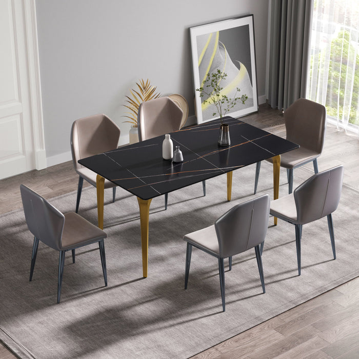 63" Modern Artificial Stone Black Straight Edge Golden Metal Leg Dining Table - Black / Gold