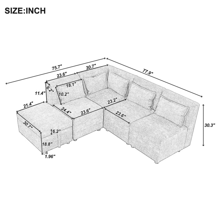 Free-Combined Sectional Sofa 5 Seater Modular Couches With Storage Ottoman, 5 Pillows For Living Room