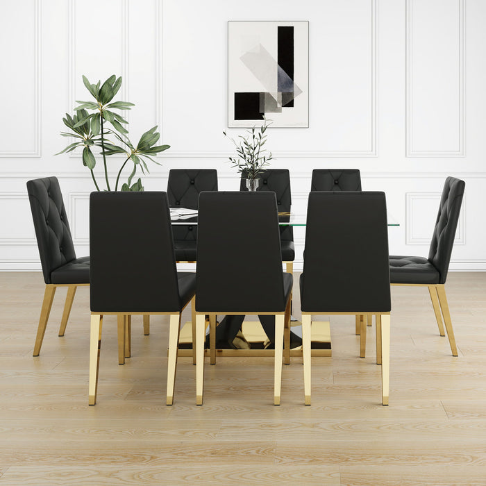 Modern Style Glass Dining Table, Elegant Transparent Design, Solid Support Base, Black Dining Chair Set, Gold-Plated Chair Legs, Suitable For Restaurant Kitchens