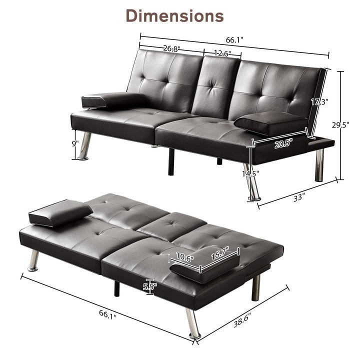 Sofa Bed, Loveseat Futon Sofa Bed With Removable Armrests, Adjustable Reliner Guest Bed Daybed For Small Space, Cup Holders, 3 Angles