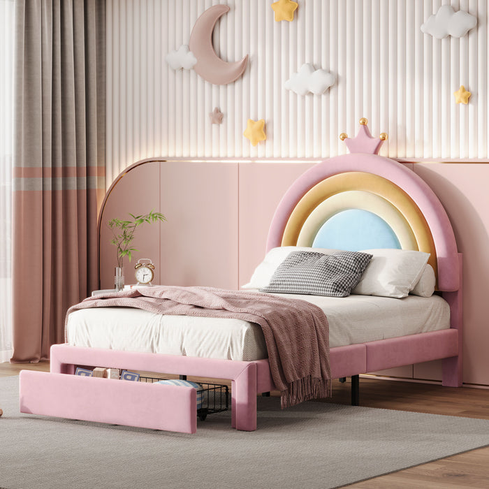 Upholstered Rainbow Design Bed, Velvet Princess Platform Bed With Storage Drawer