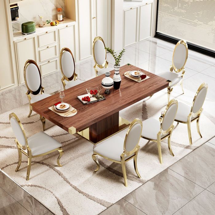 MDF Top Dining Table With Gold Finish Corner, MDF Pillar And Gold Finish Stainless Steel Base