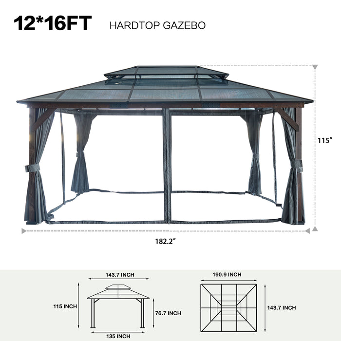 12' x 16' Hardtop Wood Gazebo For Patios, Outdoor Framed Gazebo With Polycarbonate Double Roof Canopy, Solid Wooden Framed Gazebo With Privacy Curtains And Mosquito Nettings For Garden, Backyard - Black