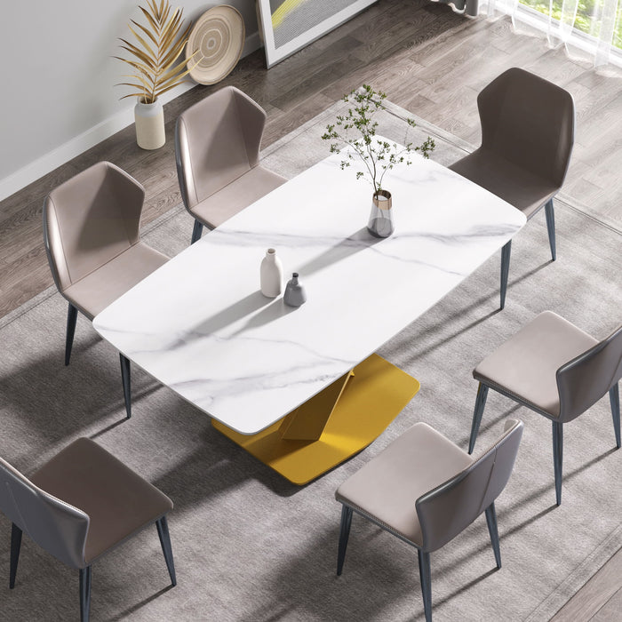 63" Modern Artificial Stone White Curved Metal Leg Dining Table, 6 People - White / Gold