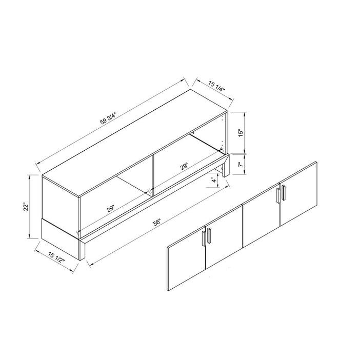 Side Credenza With 4 Doors, Storage Cabinets, 60" TV Stand - White & Distressed Grey