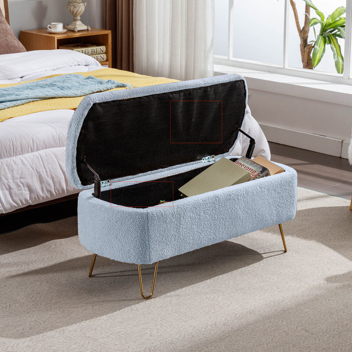 Blue Storage Ottoman Bench For End Of Bed Gold Legs, Modern Grey Faux Fur Entryway Bench Upholstered Padded With Storage For Living Room Bedroom