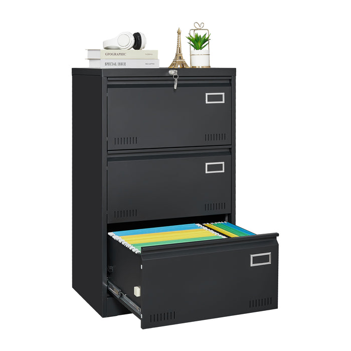 Filing Cabinet Lateral File Cabinet 3 Drawer, Blcak Locking Metal File Cabinets Three Drawer, Office Filing Cabinet With Lock Drawers For Home Office - Black