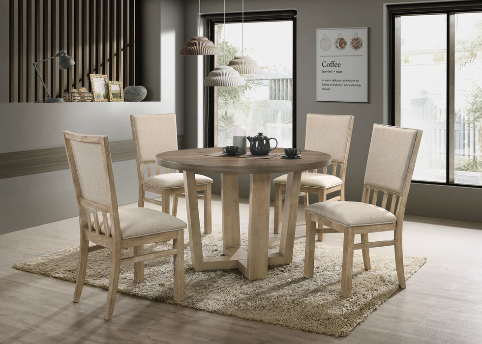 Brutus - 5 Piece Wide Contemporary Round Dining Table With Wheat Colored Fabric Chairs (Set of 5) - Vintage Walnut