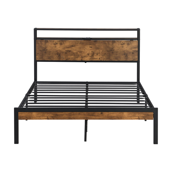 Full Size Metal Platform Bed Frame With Wooden Headboard And Footboard With USB Liner, No Box Spring Needed, Large Under Bed Storage - Brown