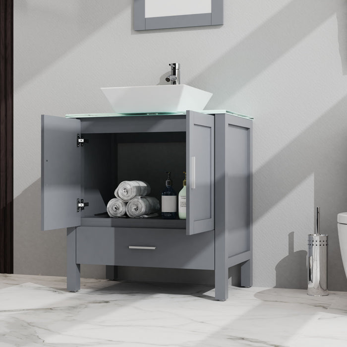 Bathroom Vanity And Sink Combo Glass Top Cabinet With Mirror - Gray