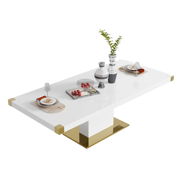 MDF Top Dining Table With Gold Finish Corner, MDF Pillar And Gold Finish Stainless Steel Base