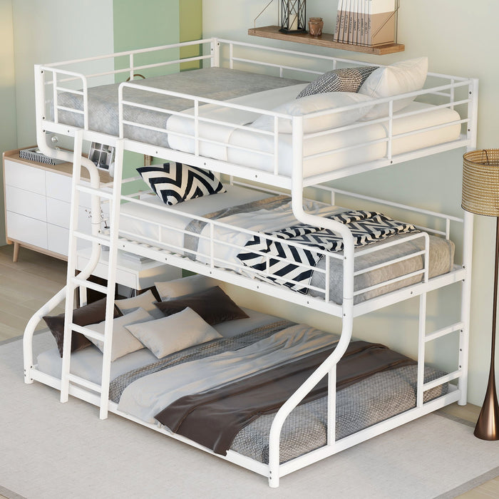 Full Long Over Twin Long Over Queen, Triple Bunk Bed With Long And Short Ladder - White