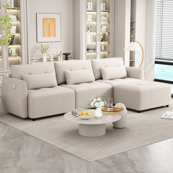 Convertible Sectional Sofa Couch 3 Seat L-Shaped Sofa With Movable Ottoman And USB For Apartment, Living Room, Bedroom