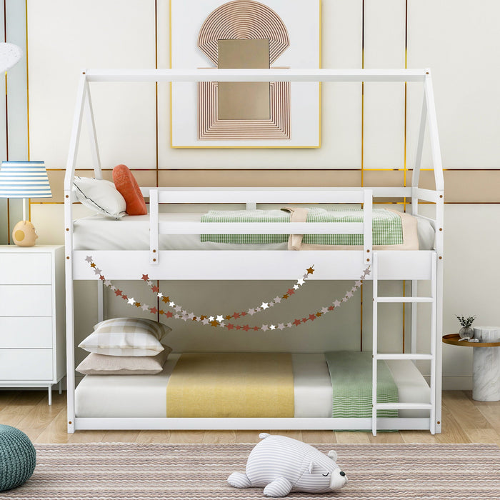 Twin Over Twin Low Bunk Bed, House Bed With Ladder - White