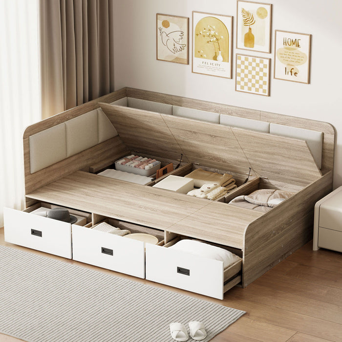 Full Size Daybed With Three Drawers And Three Storage Compartments - Nature / Beige