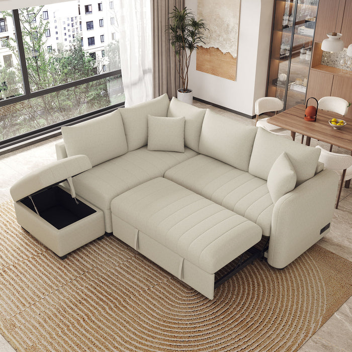 L-Shaped Sectional Pull Out Sofa Bed Sleeper Sofa With Two USB Ports, Two Power Sockets And A Movable Storage Ottoman