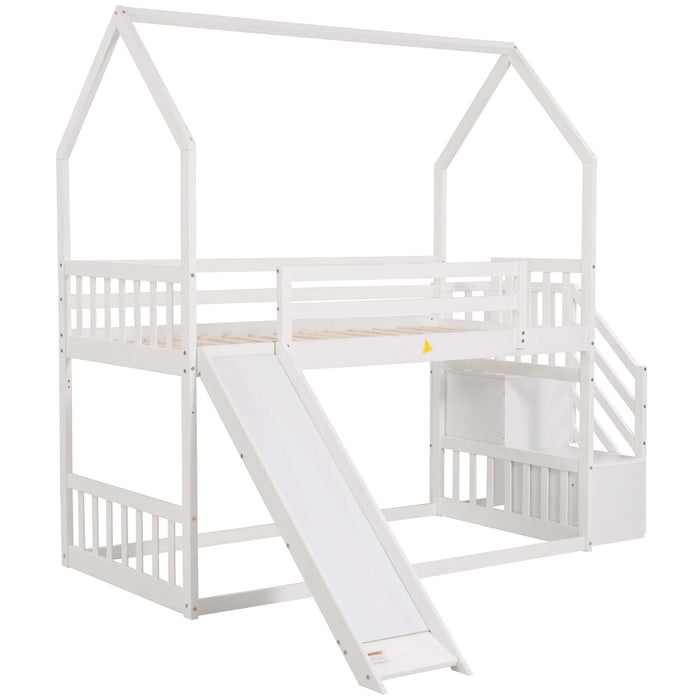Kids Furniture - House Bunk Bed With Convertible Slide, Storage Staircase