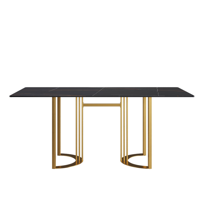 70.87" Modern Artificial Stone Straight Edge Metal Leg Dining Table, Can Accommodate 6-8 People - Black / Gold