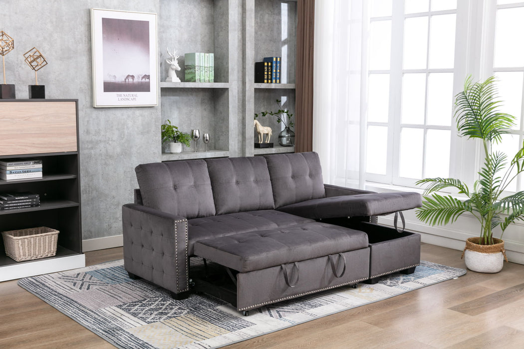 77" Reversible Sectional Storage Sleeper Sofa Bed, L-Shape 2 Seat Sectional Chaise With Storage, Skin - Feeling Velvet Fabric, Dark Gray Color For Furniture