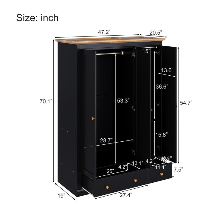 Modern 3 Doors Armoire Wardrobe Closet With 2 Drawers, Tall Wardrobe Cabinet With Hanging Rail And Shelve For Bedroom - Natural / Black