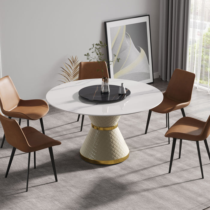 Modern Artificial Stone Round Carbon Steel Base Dining Table, Can Accommodate 6 People - White / Black