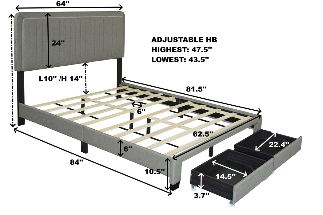 Queen Size Upholstered Bed With Adjustable Height / Mattress 10 To 14" / LED Design With Footboard Drawers Storage / No Box Spring Required - Stone Gray