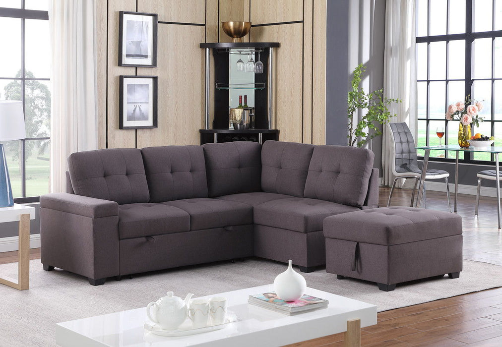 Katie - Linen Sleeper Sectional Sofa With Storage Ottoman, Storage Arm - Brown