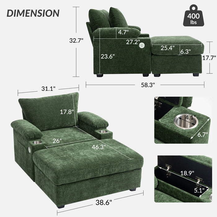 Modern Oversized Chair With Ottoman, Comfy Sofa With Cupholders And USB Charging Ports Chair For Living Room