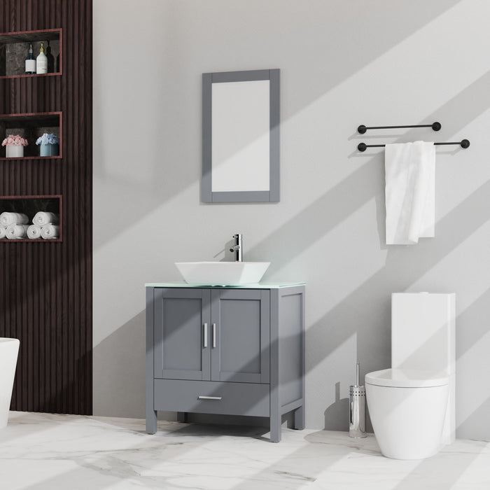 Bathroom Vanity And Sink Combo Glass Top Cabinet With Mirror - Gray