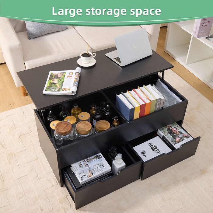 Lift-Top Coffee Table With Storage Center Tables Hidden Compartment & 2 Drawers, Sofa Table For Living Room - Black