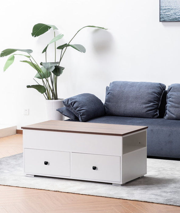 Luna - 45.5" Coffee Table With Walnut Finish Lift Top, 2 Drawers, And 2 Shelves - White And Brown